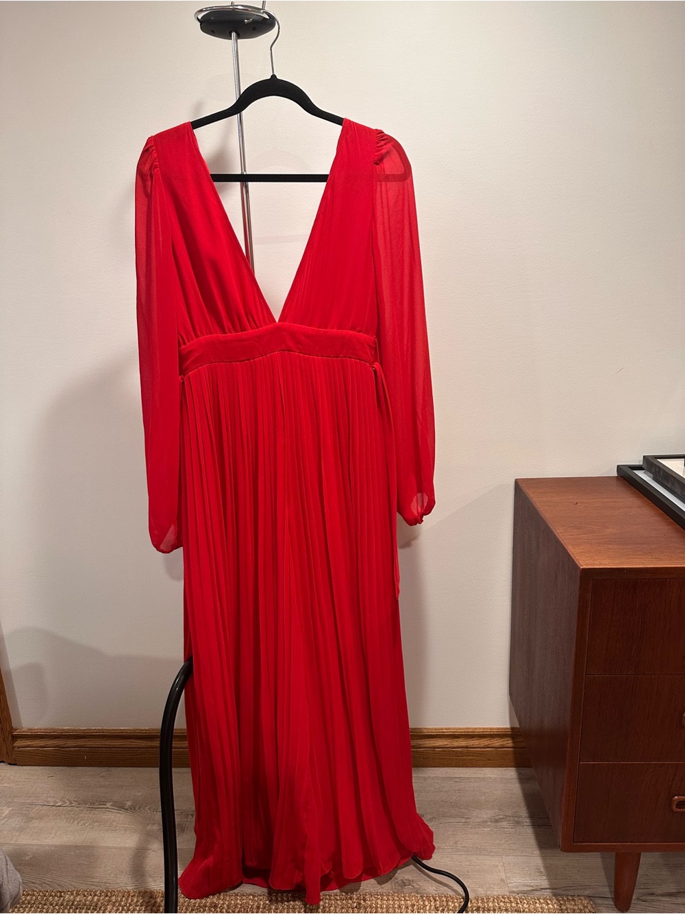 Luxxel Red Long Sleeve V-Neck Pleated Maxi Jumpsuit